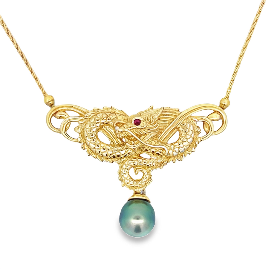 Yellow 14 Karat Dragon Pendant With Tahitian Pearl Drop Estate Jewelry