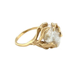 Yellow 14 Karat Freeform Leaf Ring Estate Jewelry Size 4.75 one Fresh Water Pearl Gram Weight: 4.95