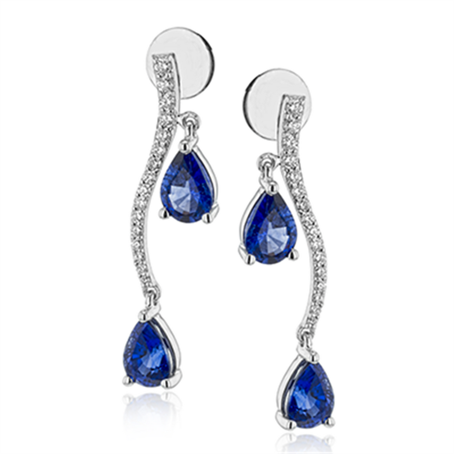 Lady's White 18 Karat Drop Earrings With 4 = 1.98Twt Pear Blue Sapphires And 32 = 0.18Twt Round Diamonds Designer: Simon G