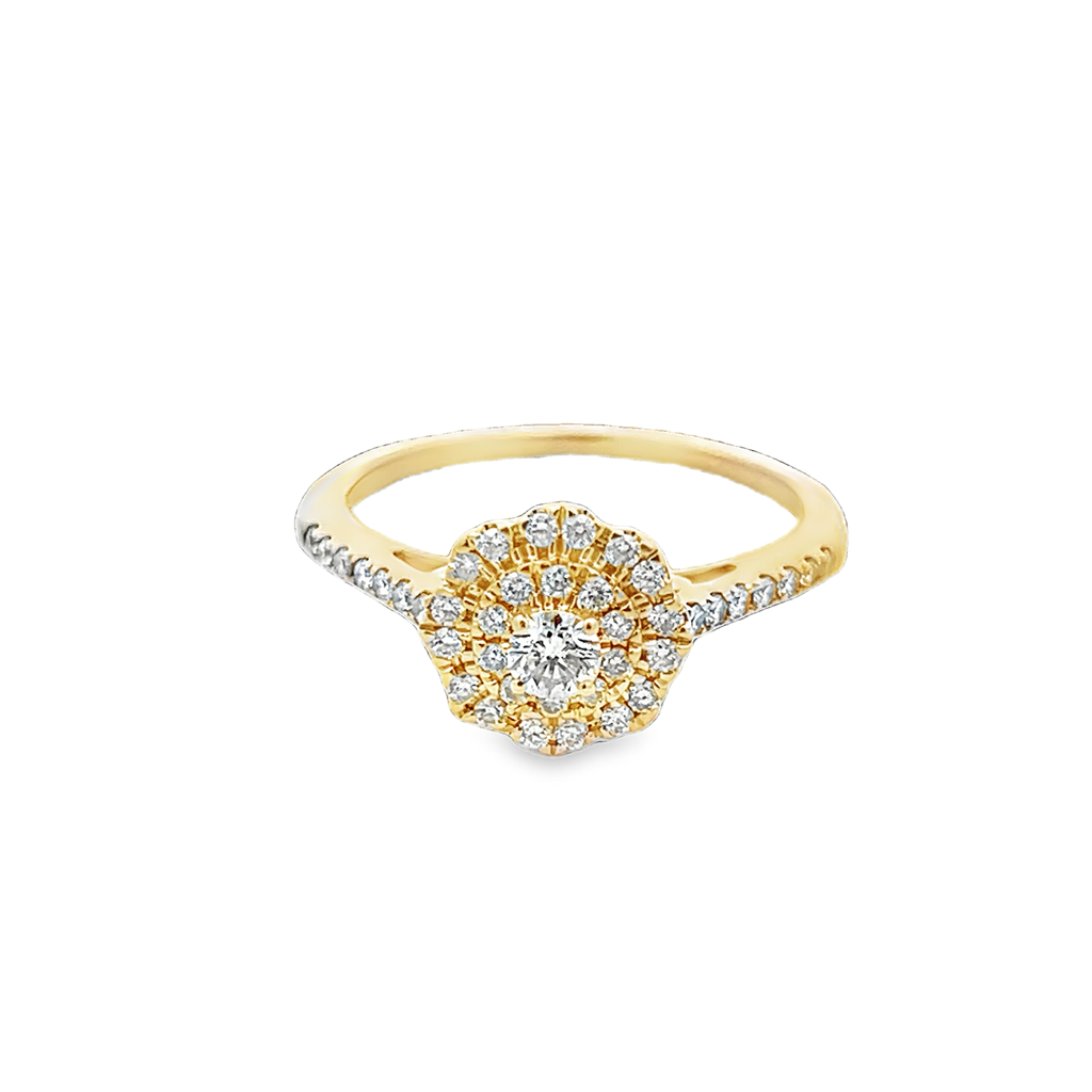 Yellow 18 Karat Petite Double Halo Engagement Ring Estate Jewelry Size