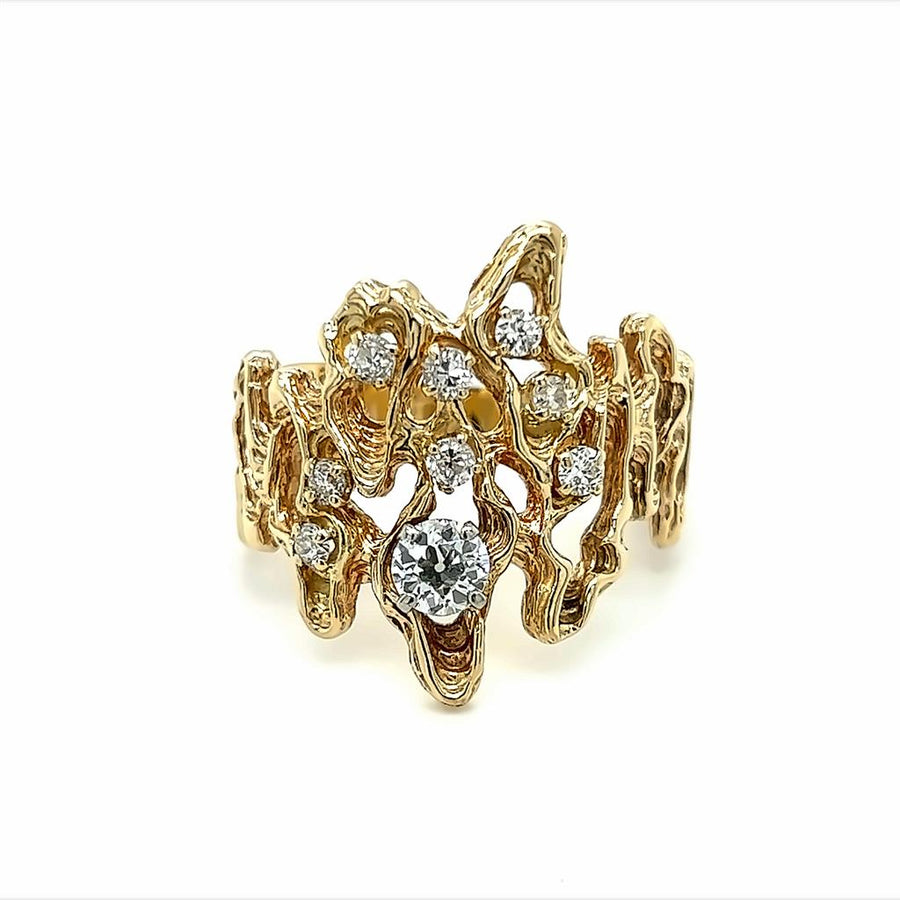 Estate Yellow Gold 14 Karat Nugget Freeform Wide Diamond Ring