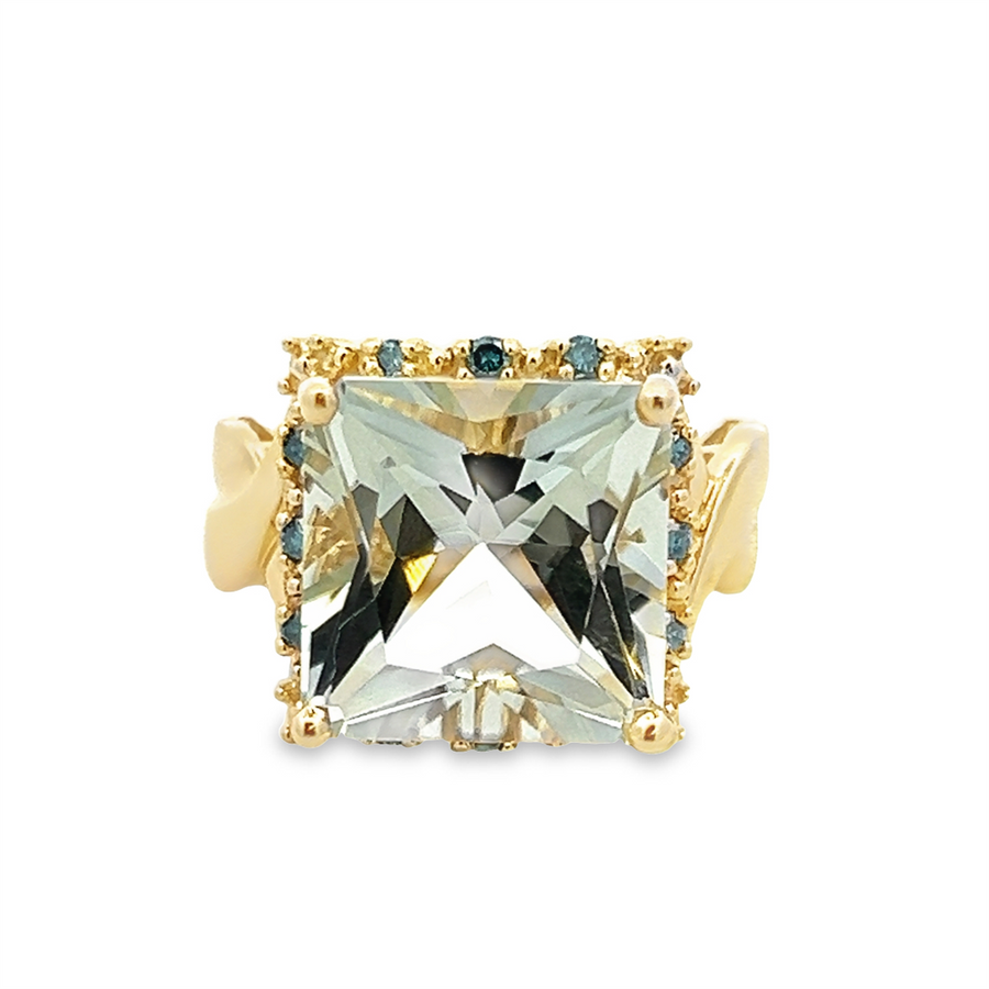 Square Prasiolite & Blue Diamond Ring