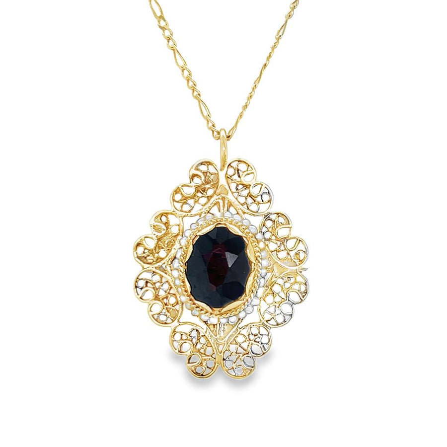 Estate Filigree Seed Pearl and Garnet Necklace