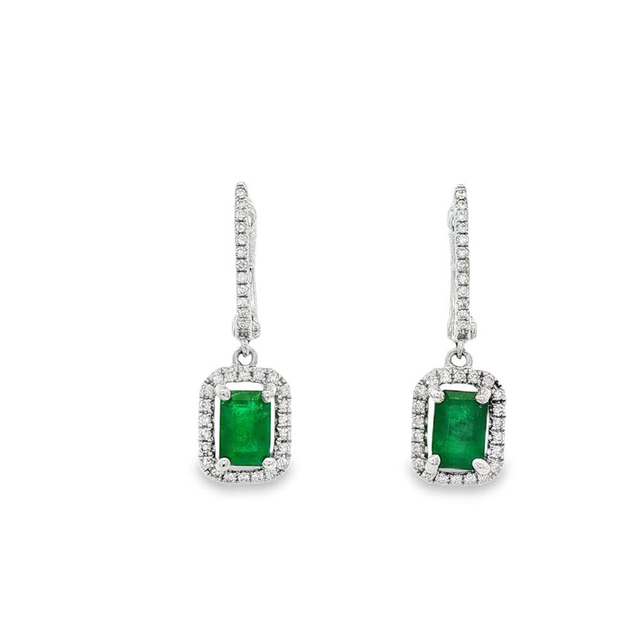Lady's White 18 Karat Huggie Emerald Halo Dangle Earrings With 2 = 5.8
