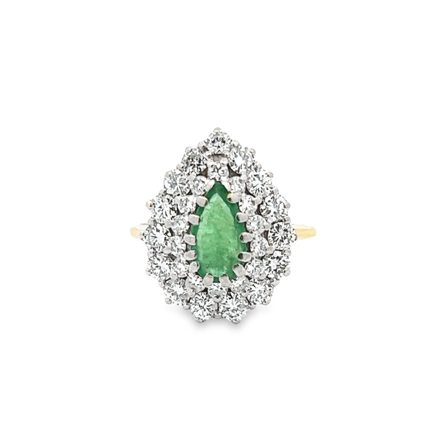 Estate Pear Shape Emerald Double Diamond Halo Ring