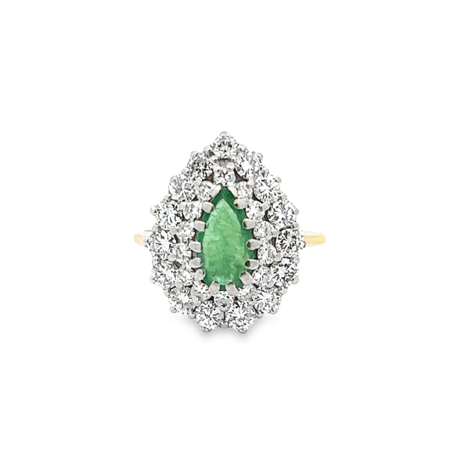 Estate Pear Shape Emerald Double Diamond Halo Necklace