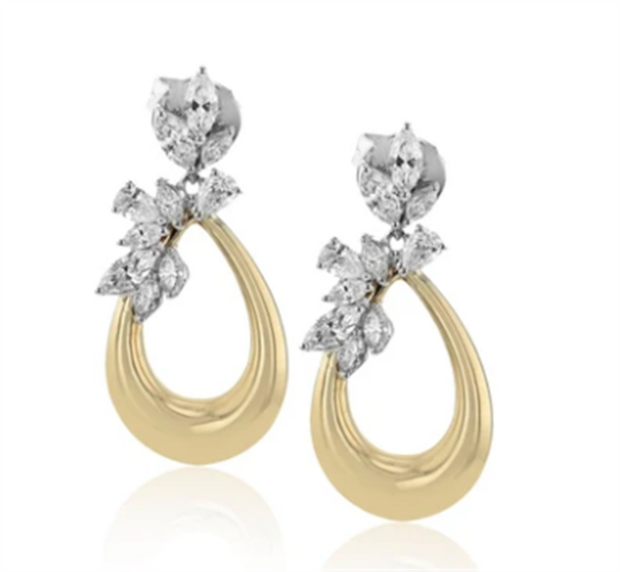 Lady's Two-Tone 18 Karat Marquise And Pear Shape Diamond Drop Earrings