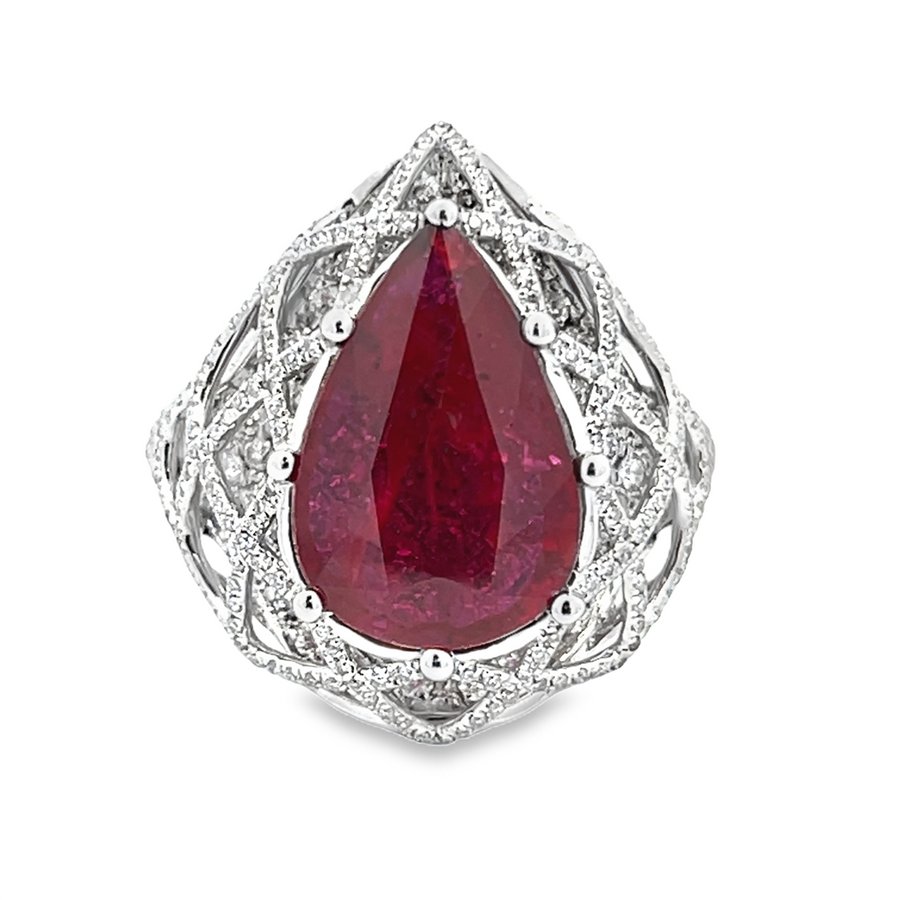 Pear Shape Ruby  & Diamond Lattice Ring