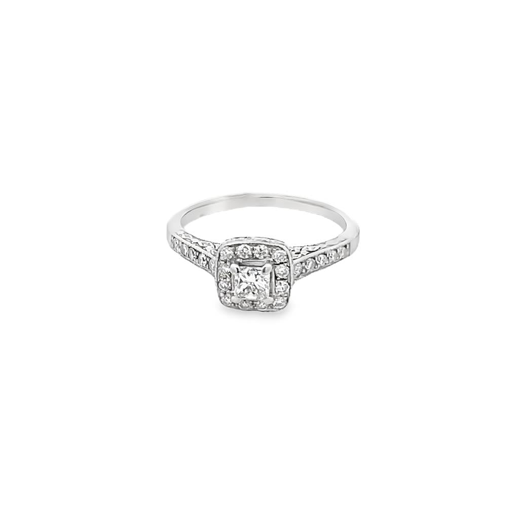 Princess Center Diamond Ring 3.55X3.3 .20ct with Halo 22 Round Diamonds 1.3 .22ct  .42CTW Engraved Gallery