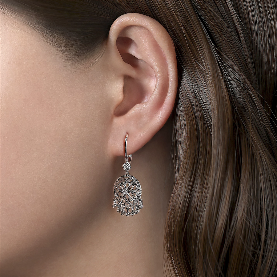 Gabriel & Co. Silver Sterling Silver Round Filigree White Sapphire Earrings with Drops