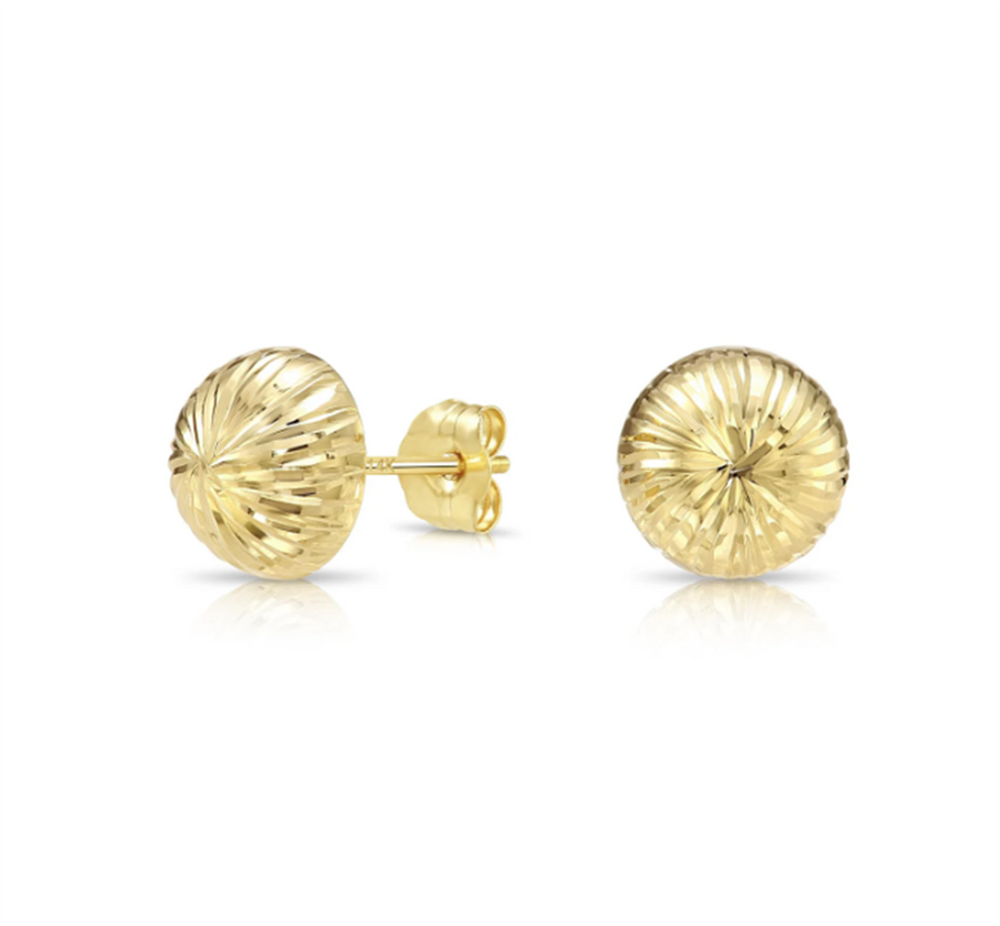 Yellow 14 Karat Diamond Cut 9Mm Ball Stud Earrings With Friction Push
