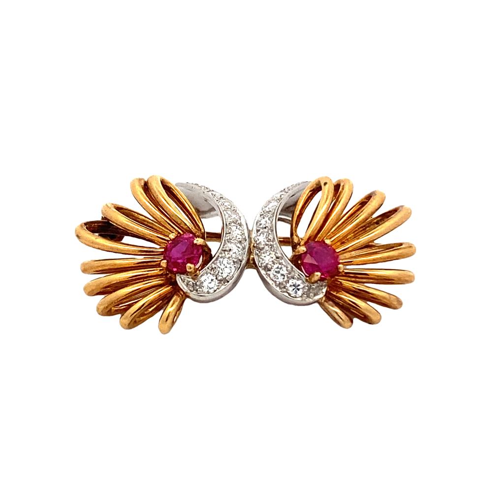 Two-Toned 14 Karat/18 Karat Fan Mask Pin Estate Jewelry With 2=5.65Mm Round Rubys And 14= Round Diamonds