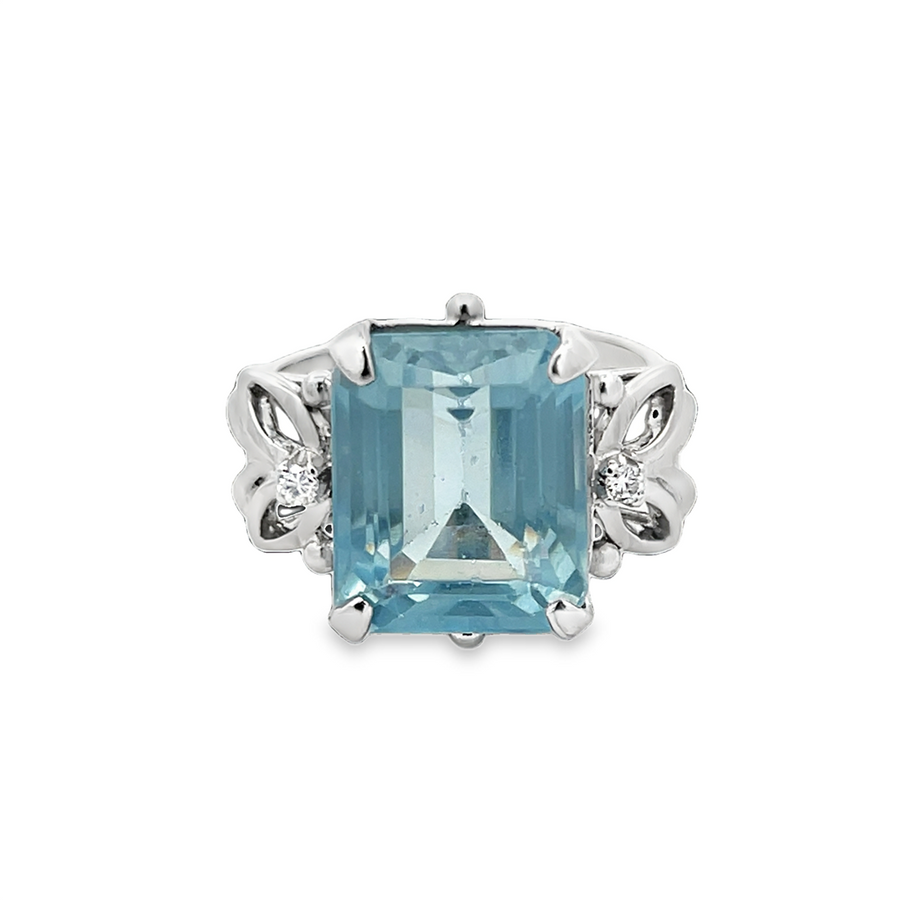 Emerald Cut Aquamarine & Diamond Ring