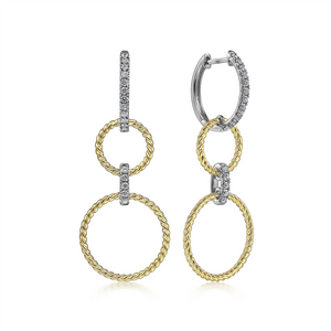 Gabriel & Co. Fashion 14K White-Yellow Gold Twisted Rope and Diamond Open Circle Huggie Drop Earrings