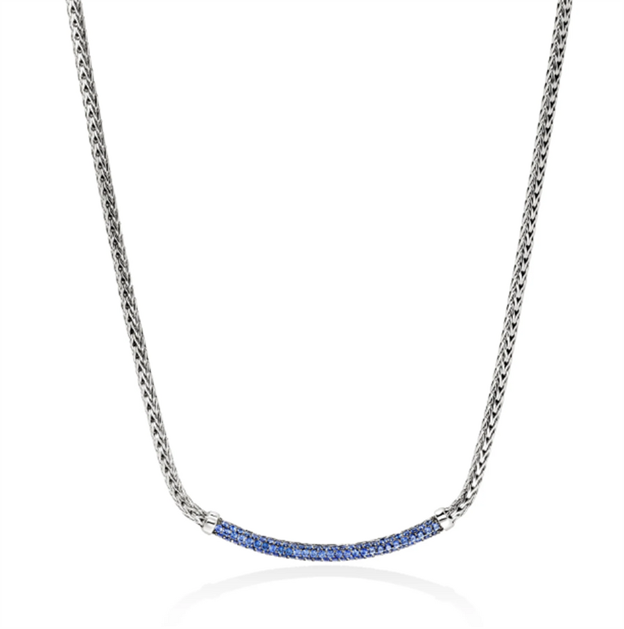 Sterling Silver 2.5mm JH Essential Pave Necklace John Hardy 82 Round Blue Sapphires, Length 16-18