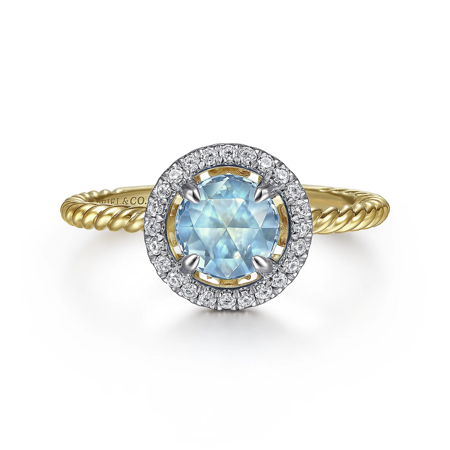 Gabriel & Co. Fashion 14K Yellow Gold Round Blue Topaz and Floating Diamond Halo Ring