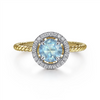 Gabriel & Co. Fashion 14K Yellow Gold Round Blue Topaz and Floating Diamond Halo Ring