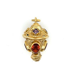 Estate Gemstone Lantern Charm, Etruscan Italian Pendant, containing four (4) oval citrines, four (4) amethyst/garnet/citr accent stones in a four-sided 18KT yellow gold pendant, 11.6grams.