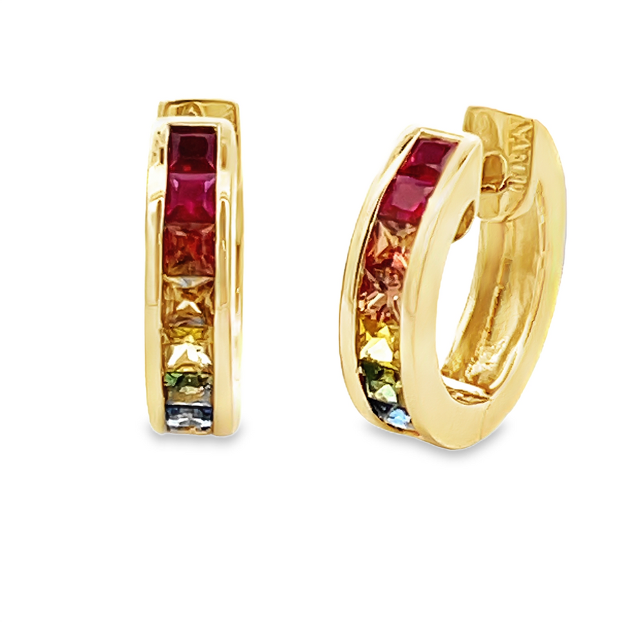 Estate Rainbow Sapphire Huggie Hoop Earrings