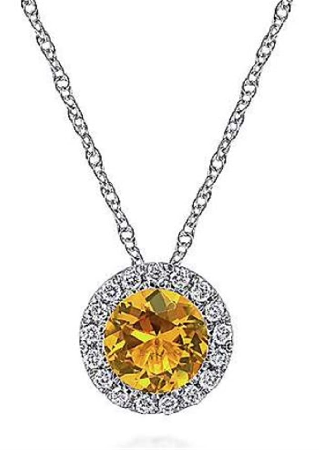 Gabriel & Co. Fashion 14K White Gold Round Citrine and Diamond Halo Pendant Necklace