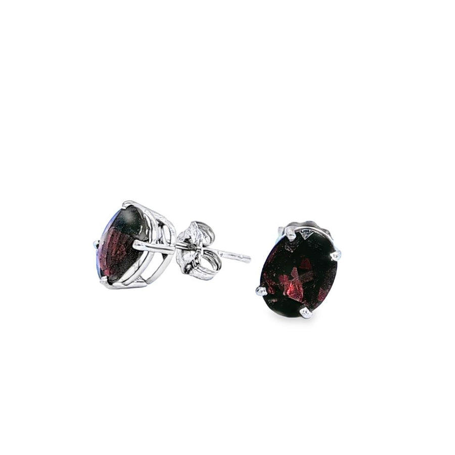 Lady's White 14 Karat Stud Earrings 2 = 8.00x6.00mm Oval Garnets