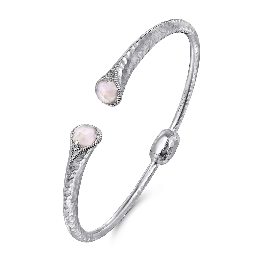 Gabriel & Co. Silver Hammered 925 Sterling Silver Rock Crystal and Pink Mother of Pearl Hinged Cuff