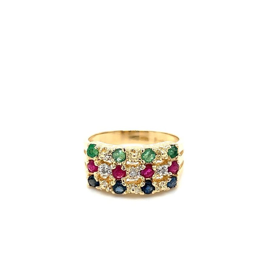 Estate Yellow 14 Karat Gold 3 Row Diamond and Multi-Color Precious Stones Band Ring