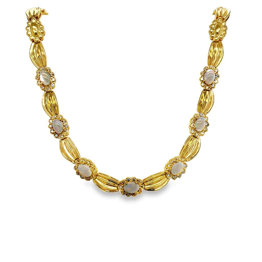 Yellow 14 Karat Opal And Diamond Necklace w/ Fancy Box Clasp Estate Je