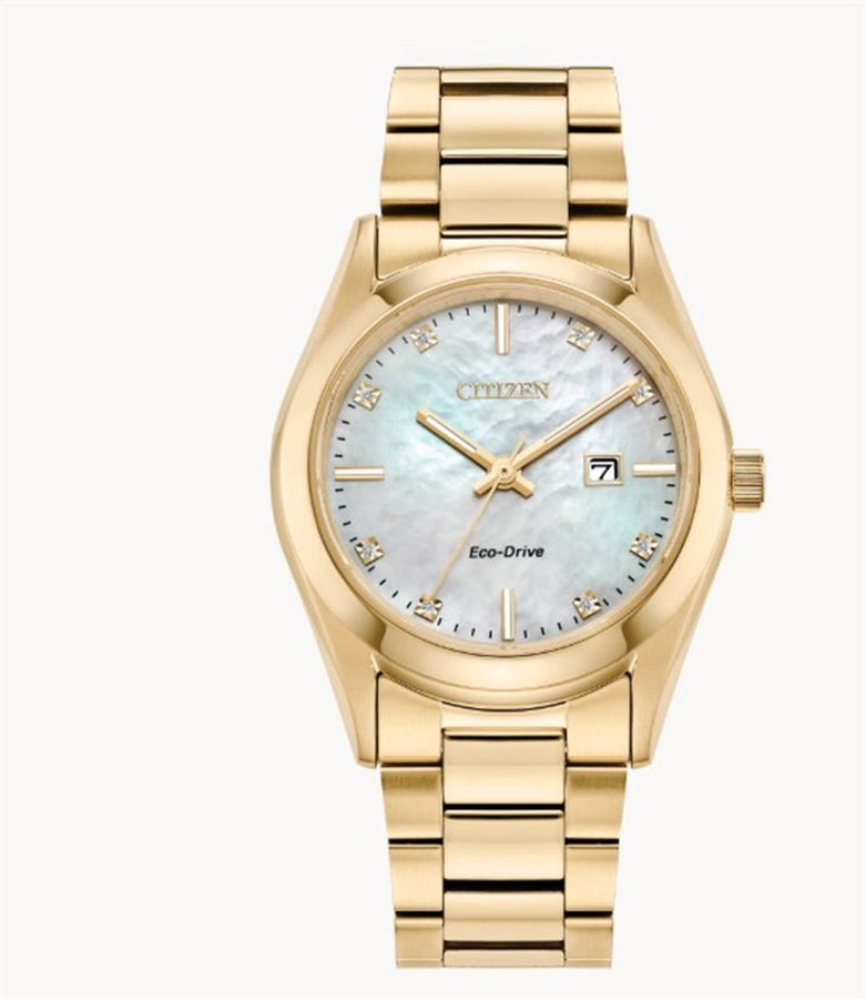 Yellow Stainless Steel Ladies Citizen White Mother of Pearl/DD Date Wa