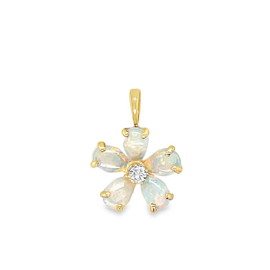 Yellow 14 Karat Opal Diamond Flower Pendant Estate Jewelry 5 = 5.50x4.