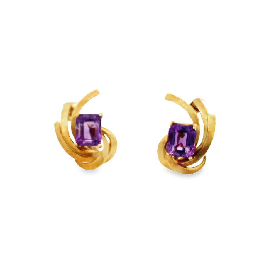 Yellow Satin 18 Karat Swirl Omega Back Earrings Estate Jewelry With 2=7.00x9.00Mm Emerald Amethysts 
Gram Weight: 9.5