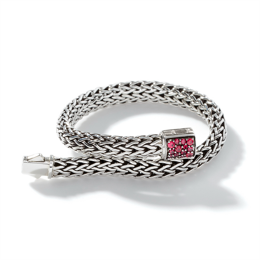 John Hardy Classic Chain Silver Small Reversible Bracelet 6.5mm with Pusher Clasp with Treated Black Sapphire and Treated Ruby