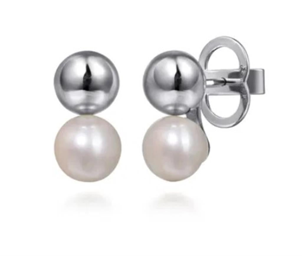 Lady's Sterling Silver Ball Pearl Stud Earrings 2 = 1.61tw Fresh Water