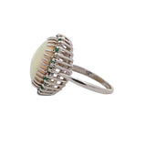 Oval Cabochon White Crystal Opal Emerald and Diamond Ring