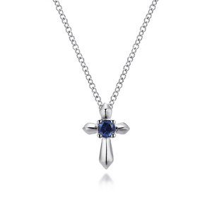 Gabriel & Co. Fashion Sterling Silver Round Sapphire Cross Pendant Necklace