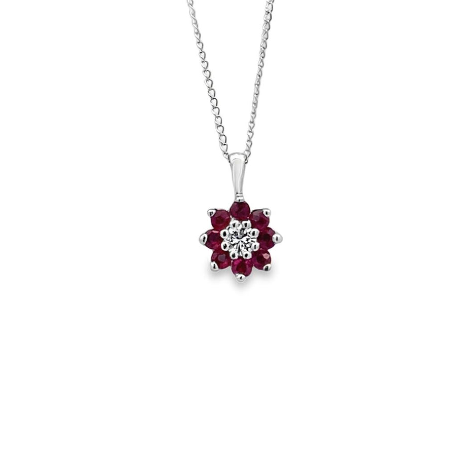 White 14 Karat 9.20mm Round Ruby And Diamond Pendant On A 16" 0.95mm C