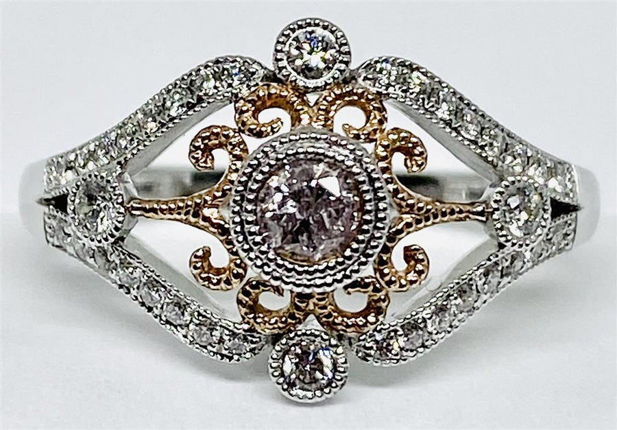 14k White and Rose Bezel Set Ring with 1=0.16 ct. Natural Light Pink C