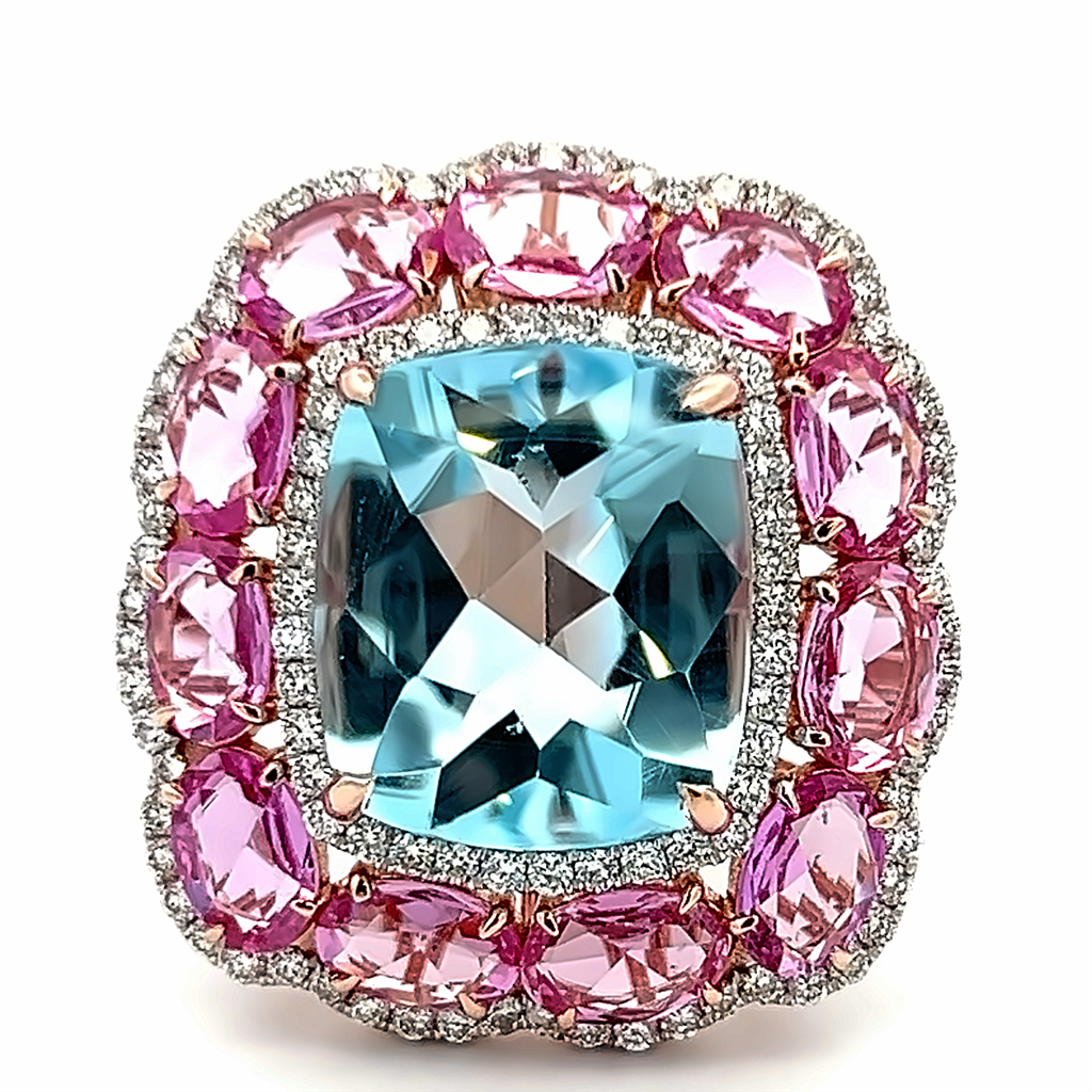 Estate Blue Topaz, Pink Sapphire & Diamond Ring