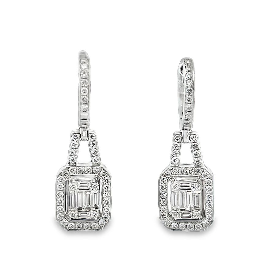 White 14 Karat Mosaic Emerald Shape Diamond Earrings Estate Jewelry Wi