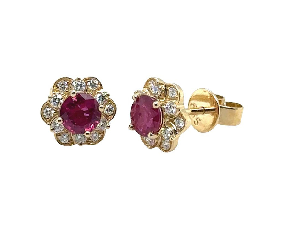 Lady's Yellow 14 Karat Floral Halo Stud Earrings With 2 = 0.86Twt Roun