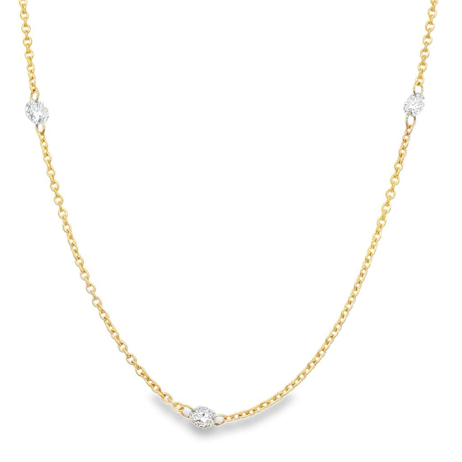 Lady's Yellow 14 Karat Drilled Diamond Station Necklace On Cable Chain