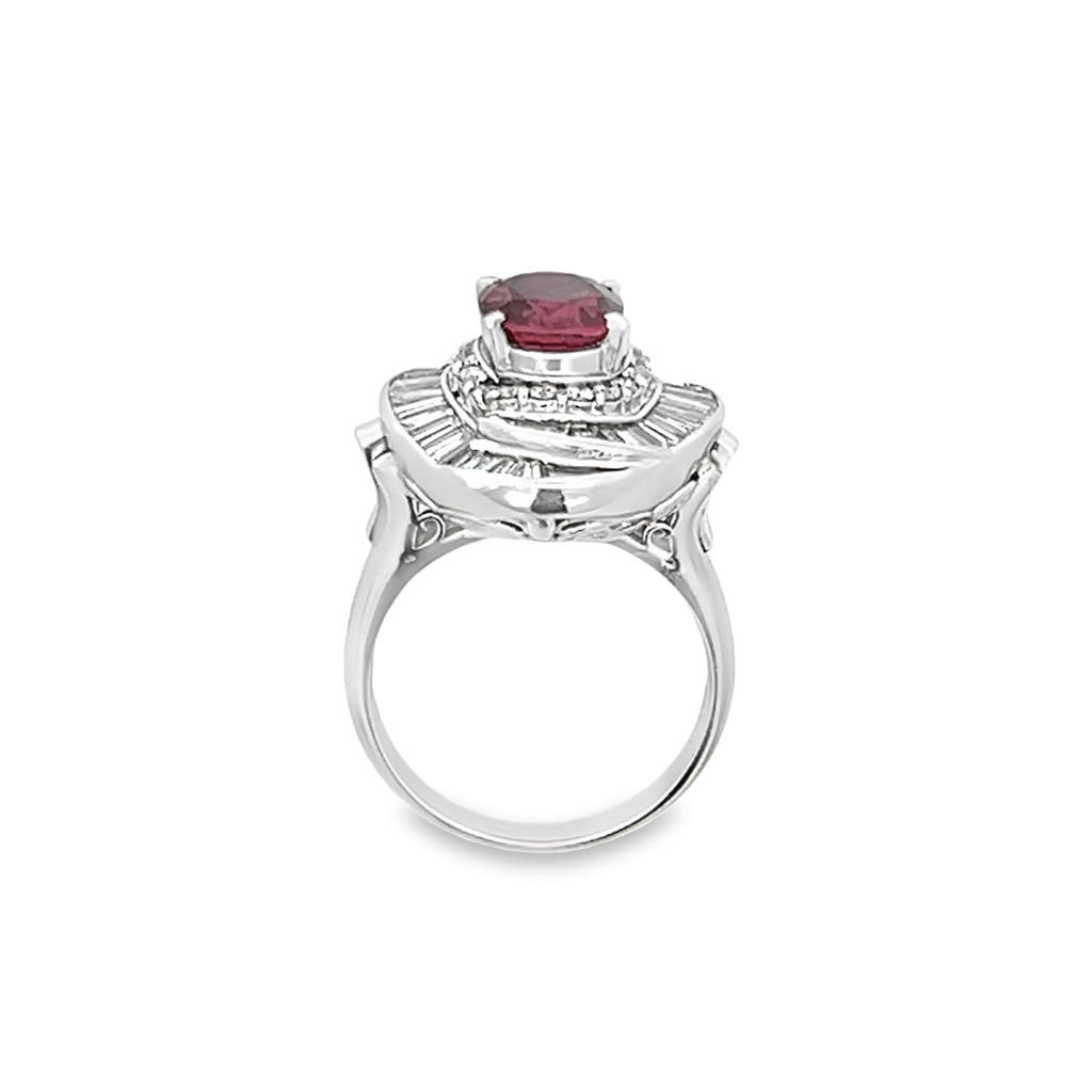 Estate Platinum Oval Ruby with Baguette Diamond Ballerina Ring