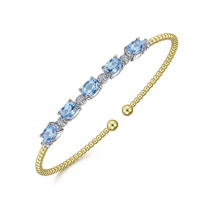Gabriel & Co. Fashion 14K White-Yellow Gold Bujukan Bead Cuff Bracelet with Blue Topaz and Diamond Stations