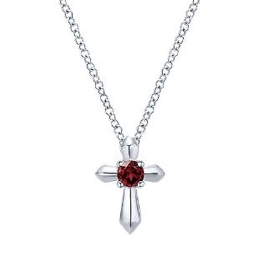 Gabriel & Co. Fashion Sterling Silver Round Garnet Cross Necklace