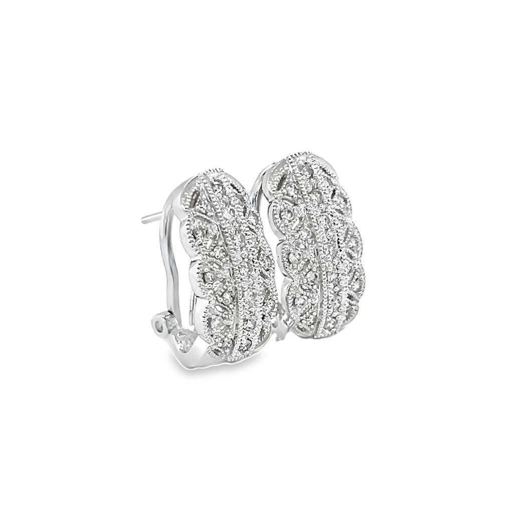 Estate White 14 Karat Diamond Milgrain Scalloped Omega Hoops