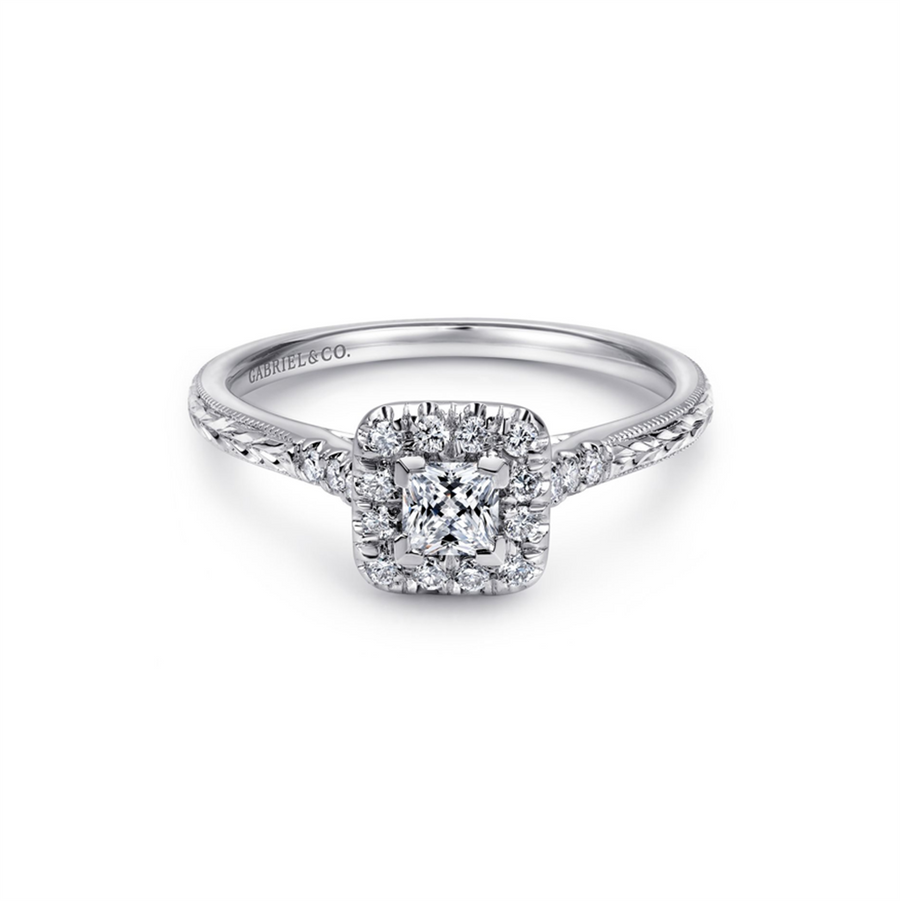 Platinum Milgrain/Engraved Filigree Basket Princess Halo Diamond Engagement Ring