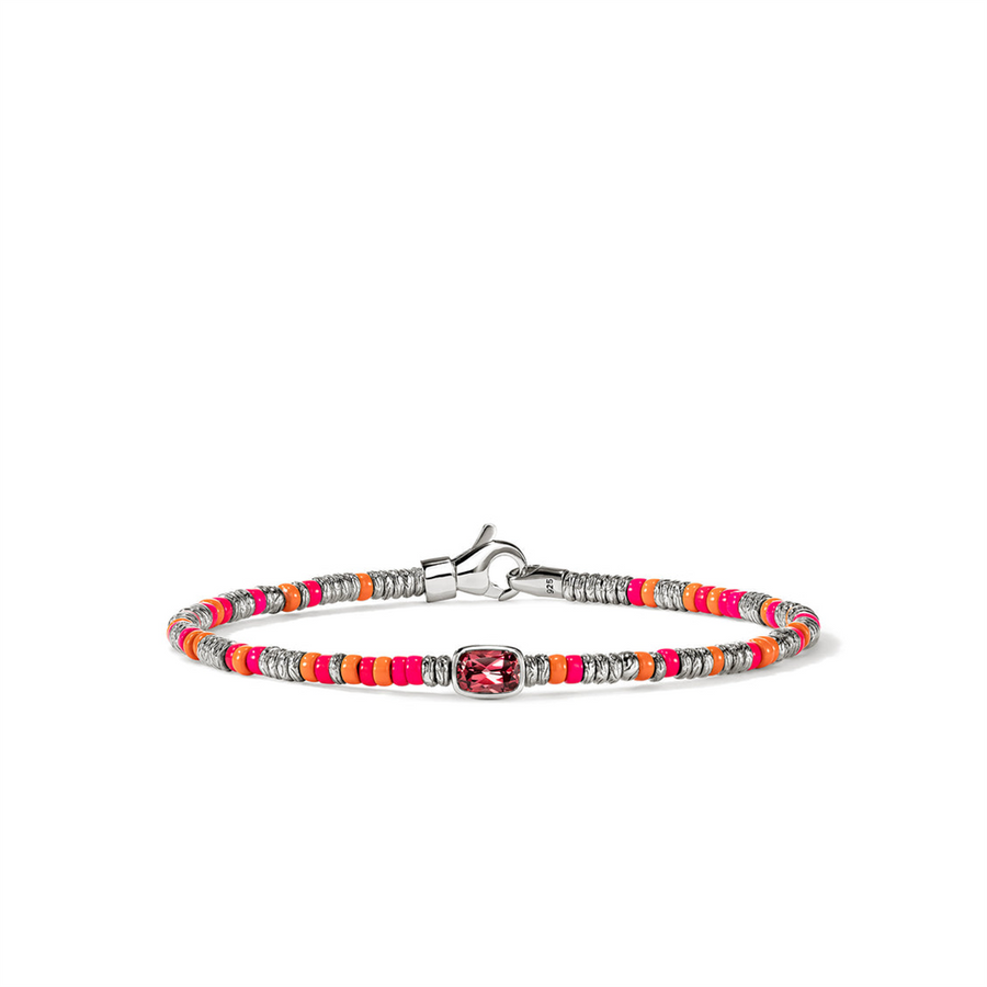 Sterling Silver 2.5Mm Beaded Silver/Neon Pink And Orange Enamel Bracel