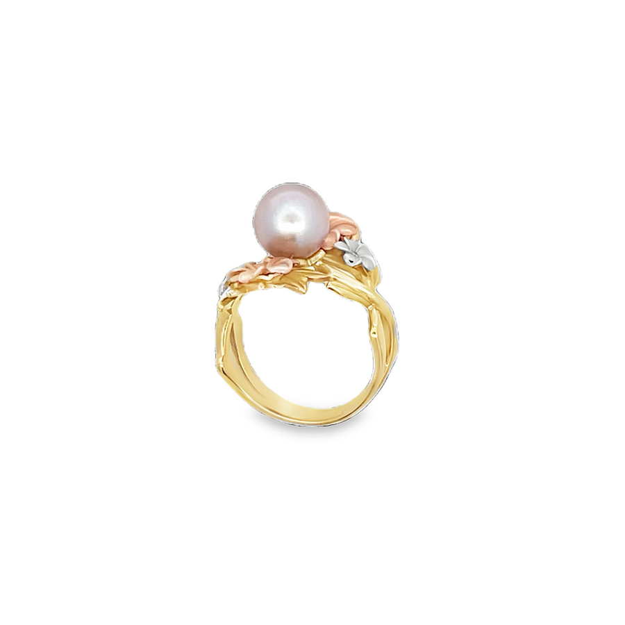 Tri-Color 14 Karat Gold Floral & Pearl Ring Estate Jewelry Size 6.25 W