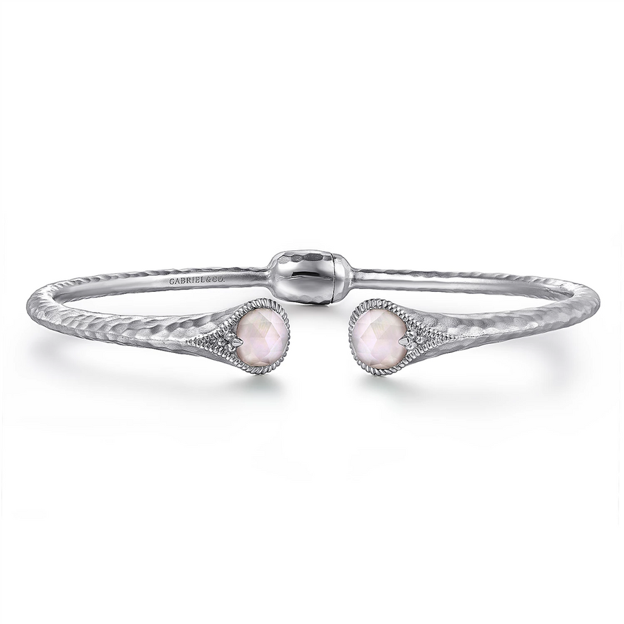 Gabriel & Co. Silver Hammered 925 Sterling Silver Rock Crystal and Pink Mother of Pearl Hinged Cuff