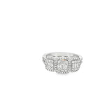 White 14 Karat Three Stone Rectangular Shape Diamond Mosaic Halo Ring